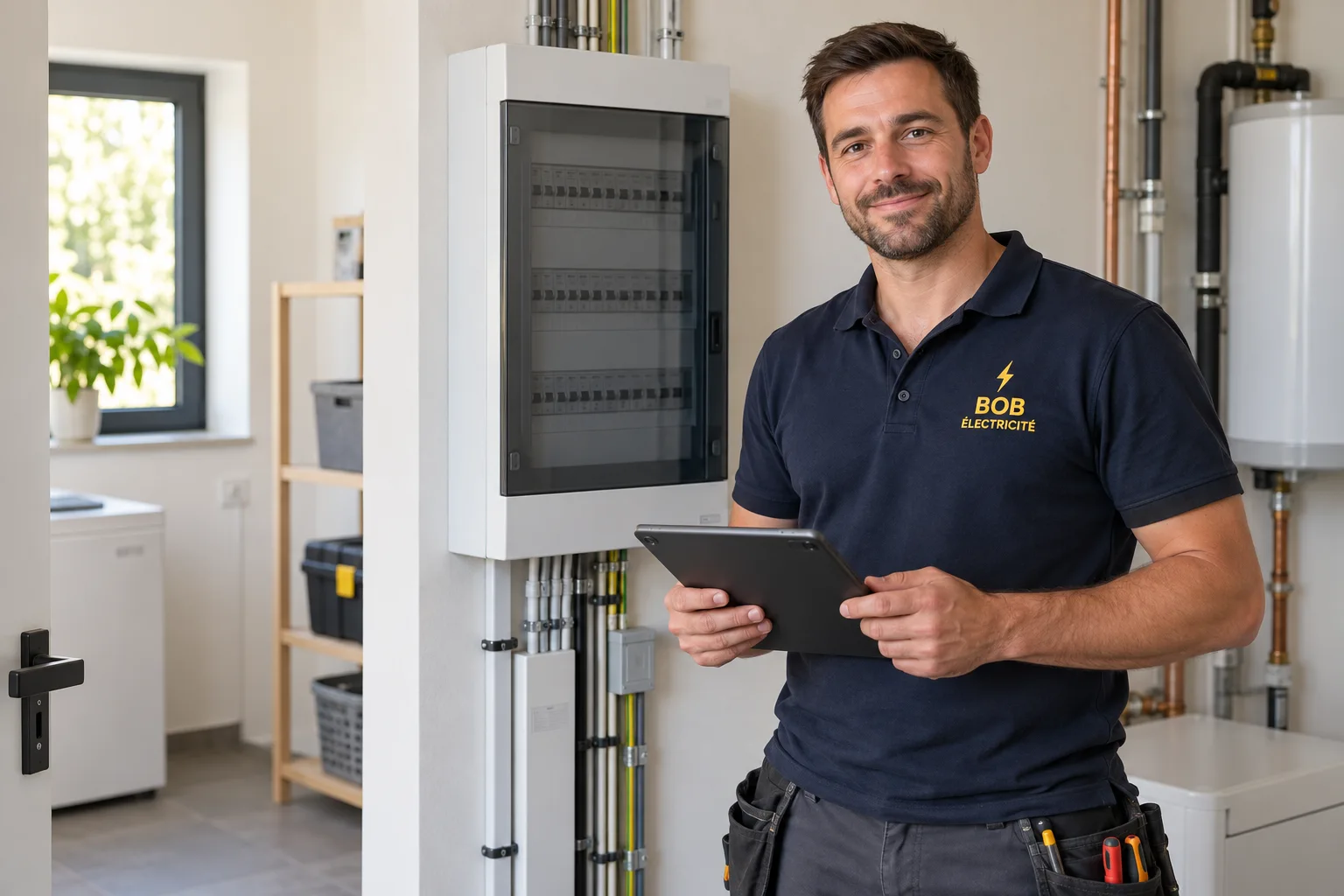 Illustration d’un artisan électricien en uniforme BOB Électricité près d’un tableau électrique