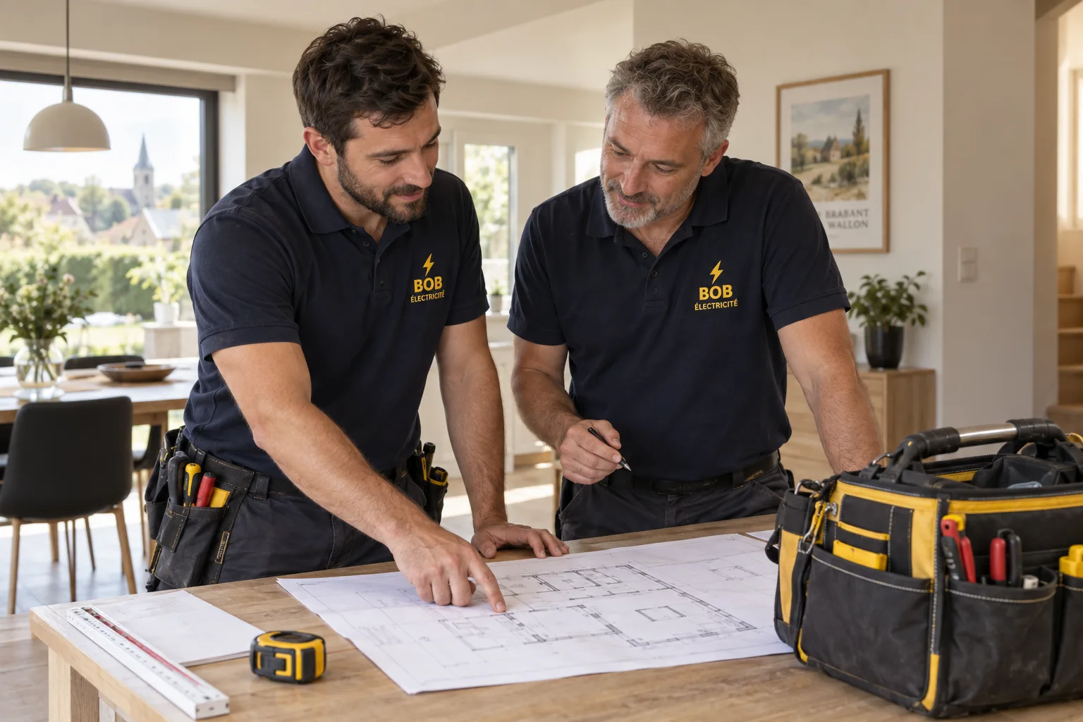 Illustration de deux artisans en uniformes BOB Électricité préparant une intervention